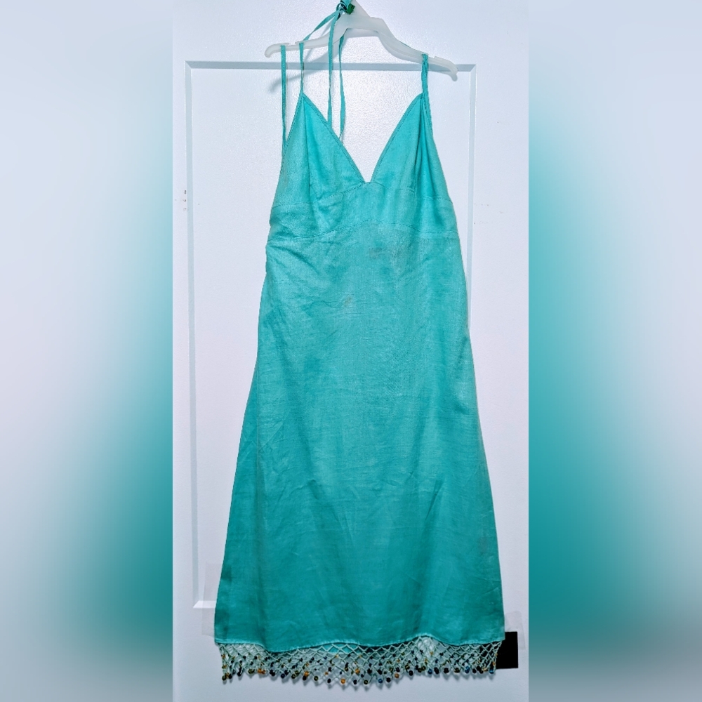 French Connection Turquoise Blue Linen Halter Dress Elegant and Versatile